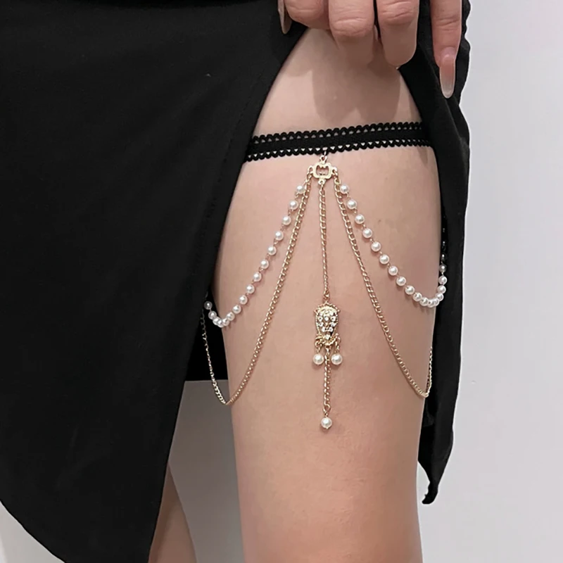 Beach Gold Color Multi-layers Pearl Thigh Chain Women's Trend Rhinestone Leg Chain Fringe Geometric Body Jewelry