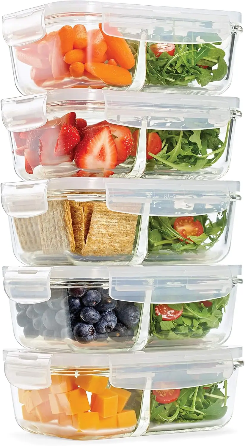 5-Pack, Two Compartments, Set of 5 Containers with Locking Lids, Glass Storage, Meal Prep Containers with Airtight Seal