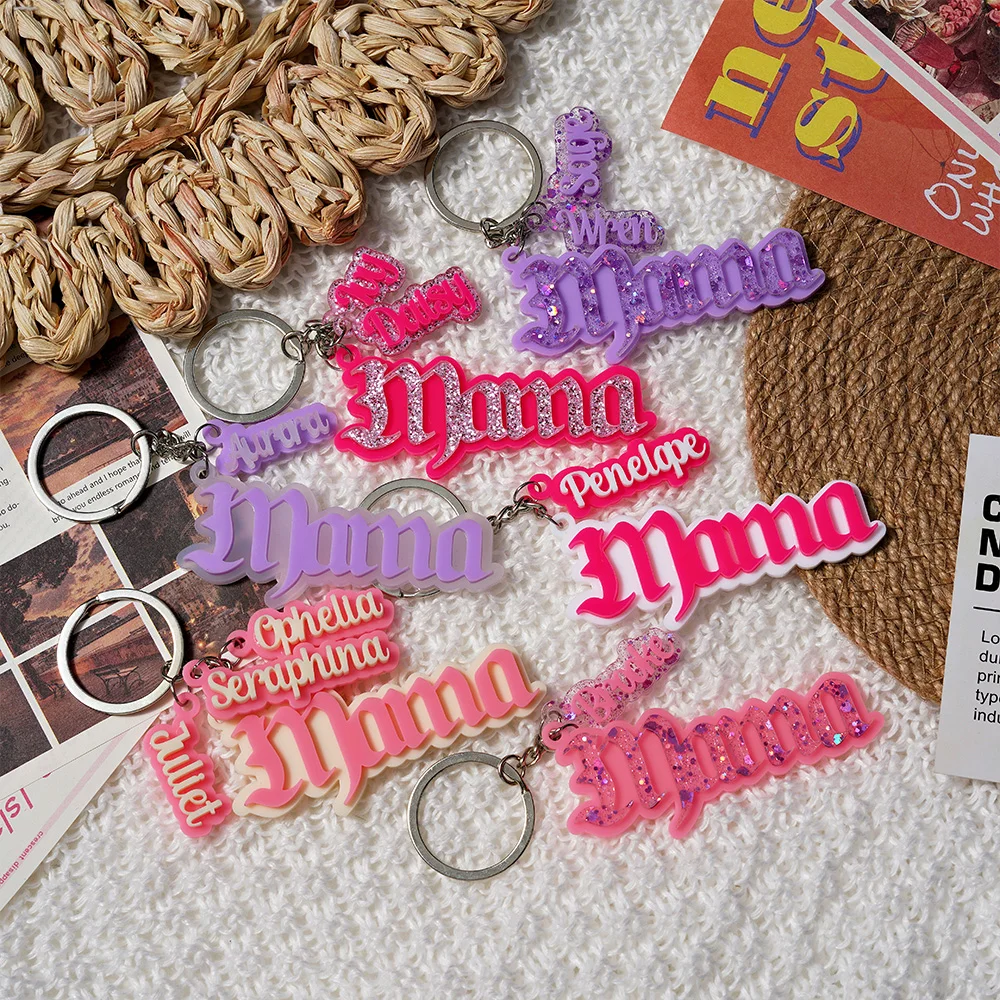 1 Customized MAMA Keychain - Personalized Name Custom Jewelry | Laser Engraved Low Saturation Unique Daily Gift