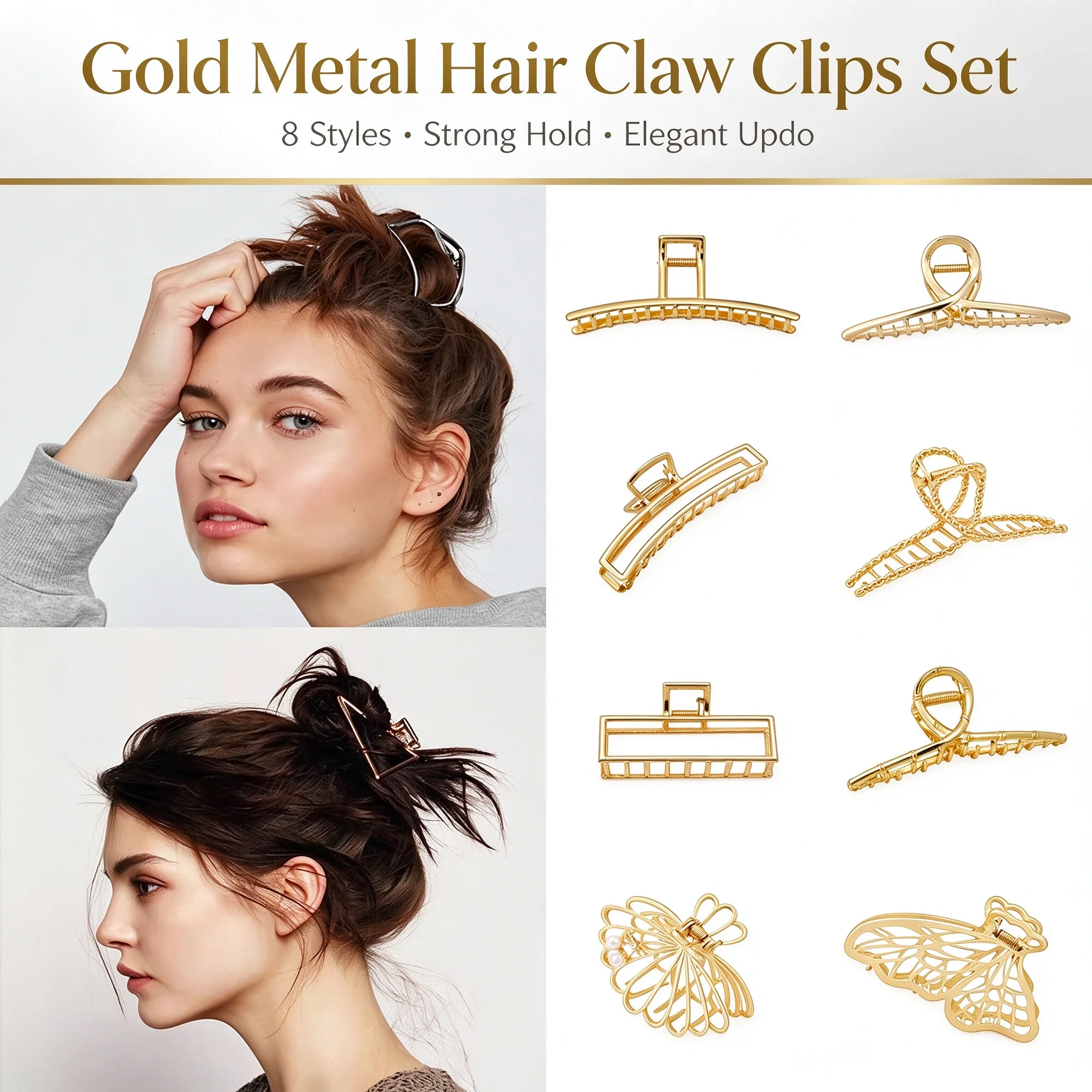 Multi Style Gold Metal Hair Claw Clips Hollow Geometric Butterfly Jaw Clips Strong Hold Non Slip Hair Crab Clamp for Women Thick