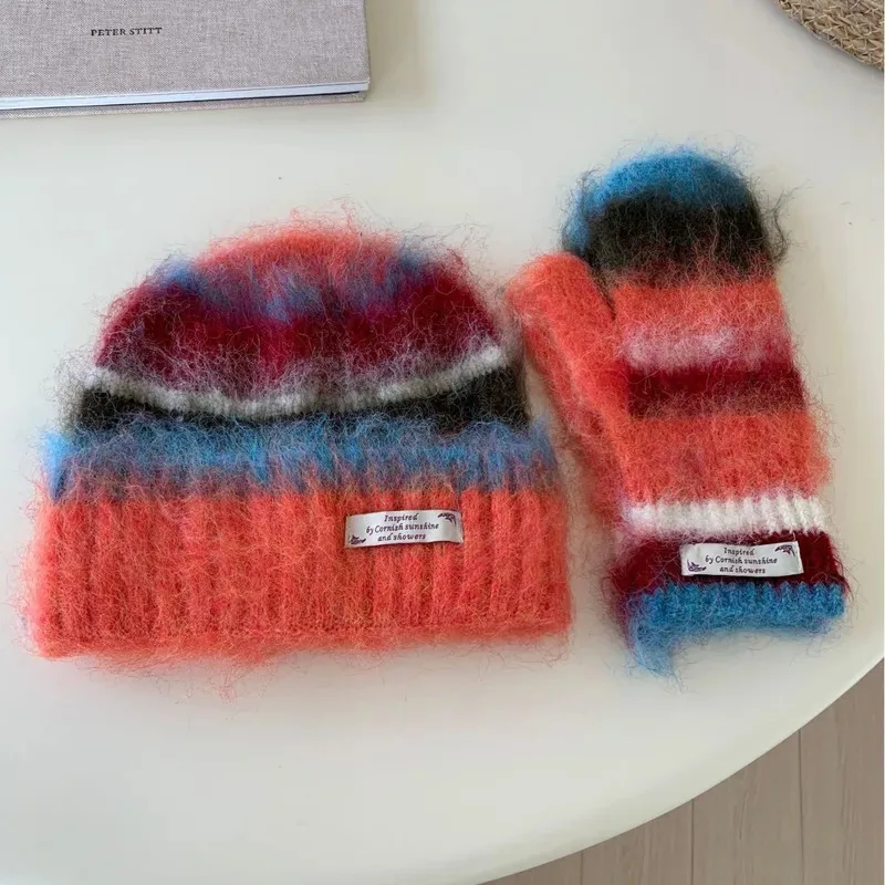 

Korean Style Autumn and Winter Women Striped Fluffy imitation Wool Beanie Cap Knitted Gloves Warm Suit Knitted Beanie