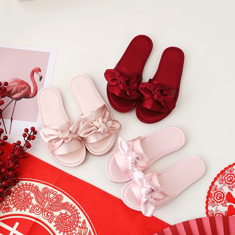 Wedding Slippers Pair Men And Women Lovers Flat Shoes Satin Summer Zapatos De Mujer With Bow Bachelor Night Gifts For Girls