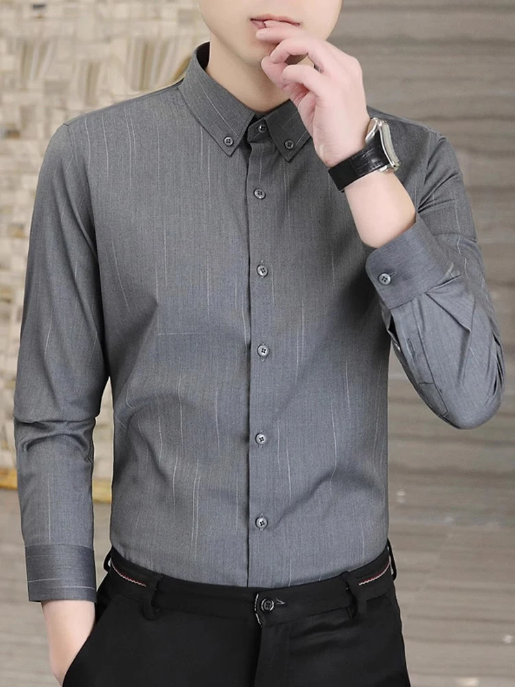 

Spring Summer Men's Long Sve Ice Silk Slim Fit Casual Striped irt Comfortable Breathable Lightweight Polyester Blend