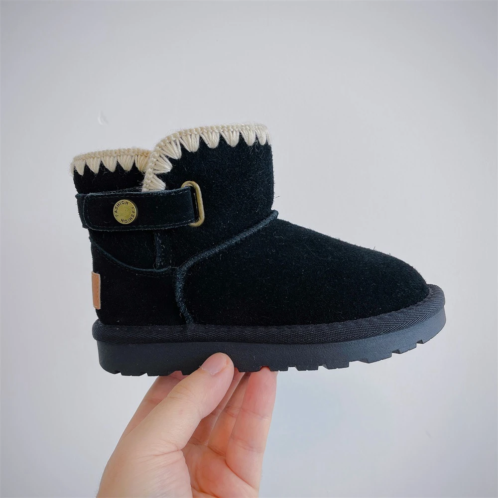 Baby Kid Infant Genuine Leather Nubuck Cotton Boots Girls Wool Lace Princess Cotton Shoes Winter Children Snow Boots Keep Warm