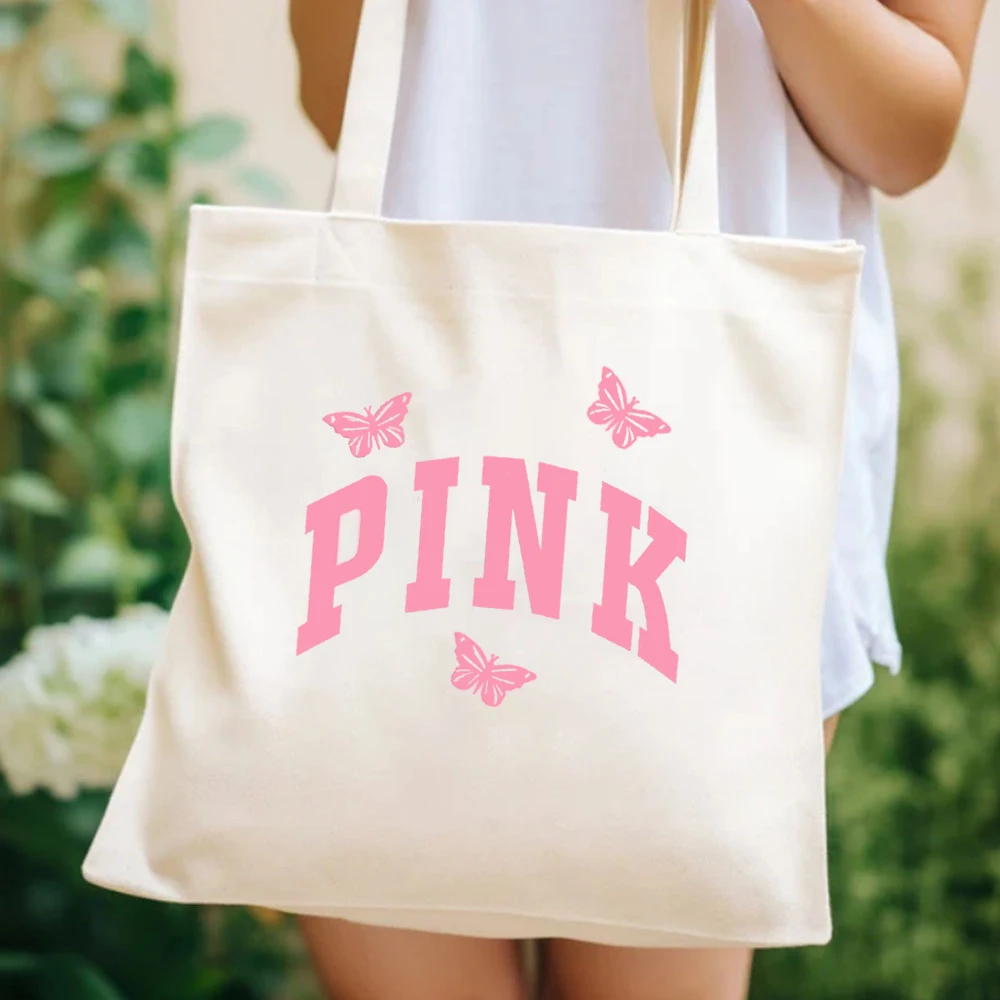 

90s Pink Vintage Print Designs Ladies Bag Secret Print Big Logo Pink Color Summer Shopper Canvas Shopping Tote Bags Weekend Bag