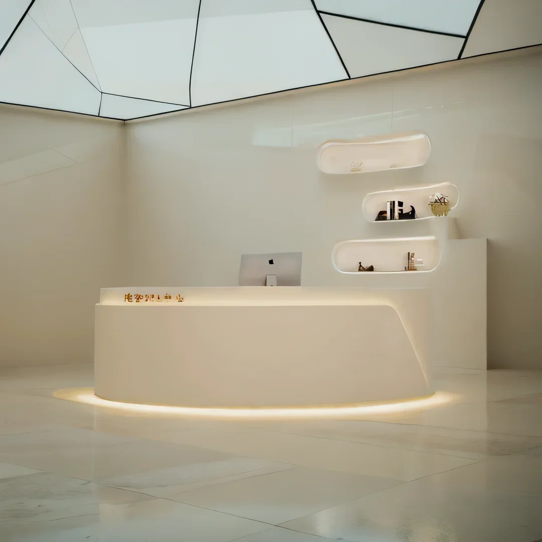 Reception Salon Plexiglass Furniture Luxury Office Counter Professional Home Help Desk Gold Floaoting Shelf Escritorio Curved