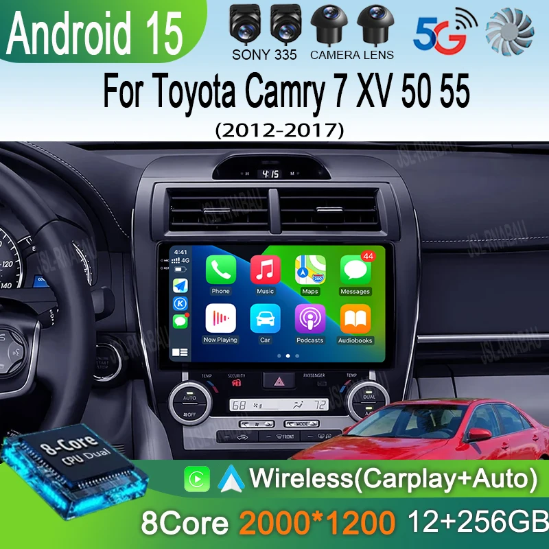 أندرويد 15 Carplay راديو السيارة التلقائي لتويوتا كامري 7 XV 50 55 2012 - 2017 الملاحة لتحديد المواقع مشغل وسائط متعددة فيديو ستيريو WIFI + 4G