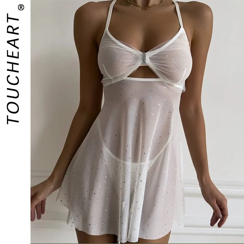 

Toucheart, милая юбка для сна с трусиками, прозрачная кружевная тонкая пижама с открытой спиной и бантом, интересная полая элегантная соблазнительная пижама