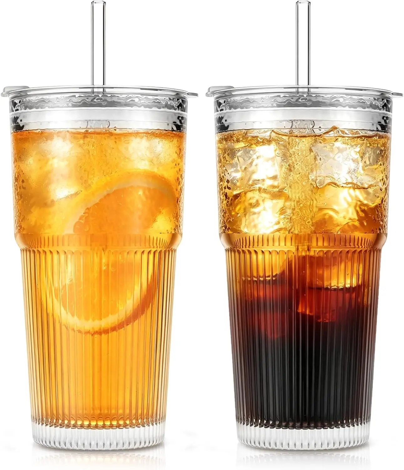 20oz Glass Tumblers with Lids and Straws, Set of 2 - Stylish Ribbed Design Drinking Glasses for Iced Coffee Cups, Juice, Smoothi