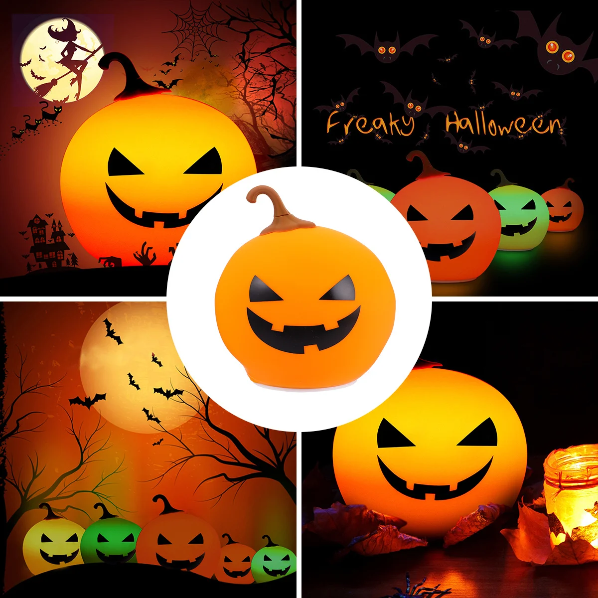 1Pcs USB Rechargeable Silicone Pumpkin Night Lamp Halloween Pattern LED Colorful Table Lamp Creative Bedroom Light