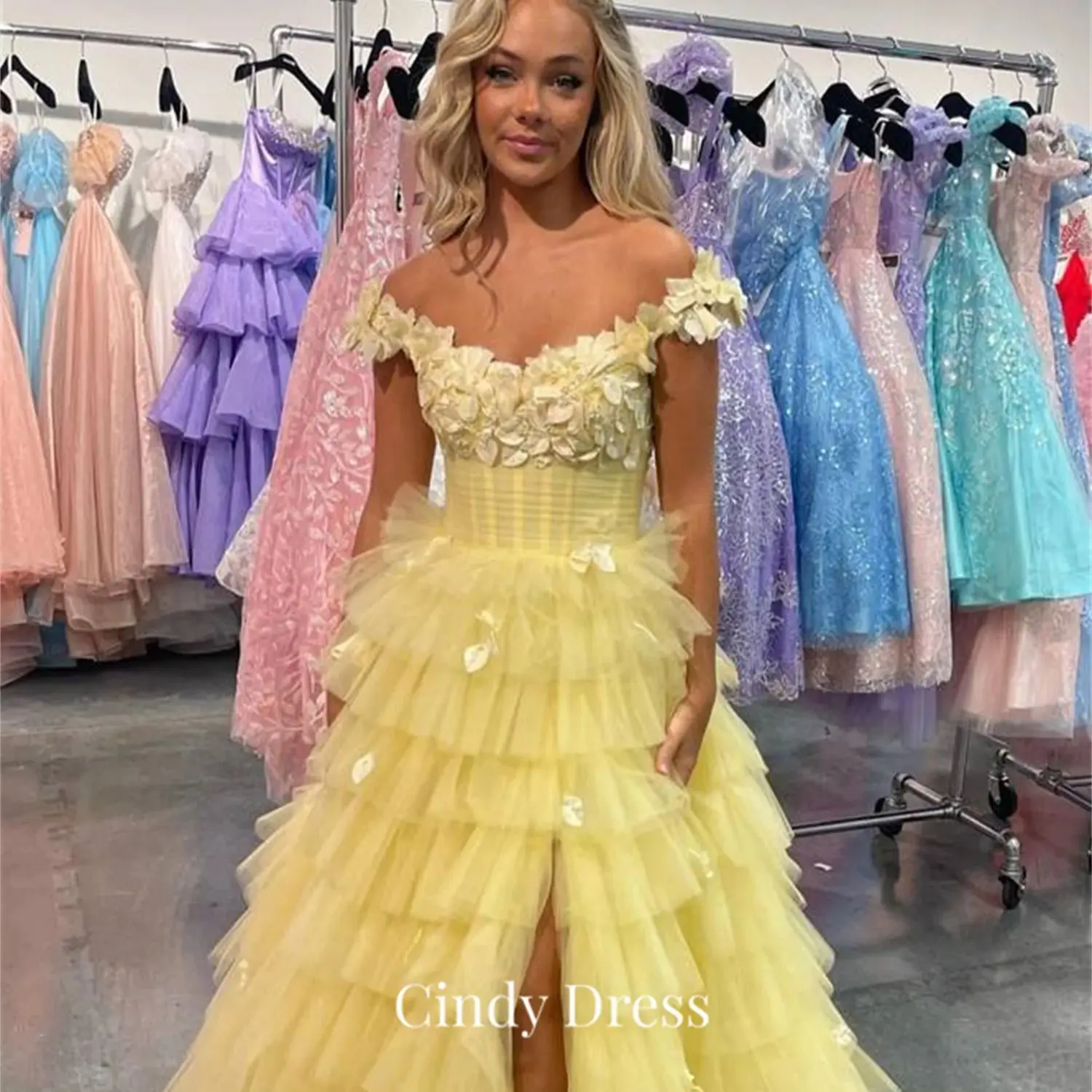 Cindy 3D Leaf Lace Multi-layer Princess Yellow Dresses Gala Elegant Long Dress Es Ball Gowns Official Store Evening