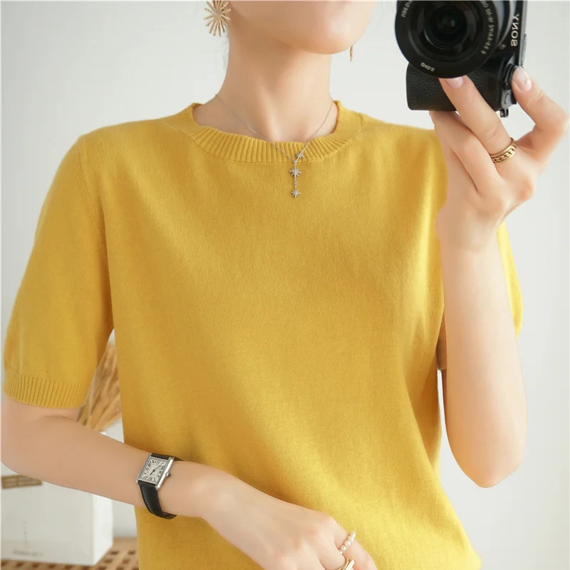 100% cotton short sleeve 2023 summer new women\'s round neck pullover loose solid color top casual fashion women\'s T-shirt