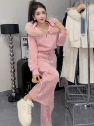 Fashion plush Casual set 2024 Autumn Winter design with fur collar sequin hooded sweater Coat and wide leg pants two-piece sets