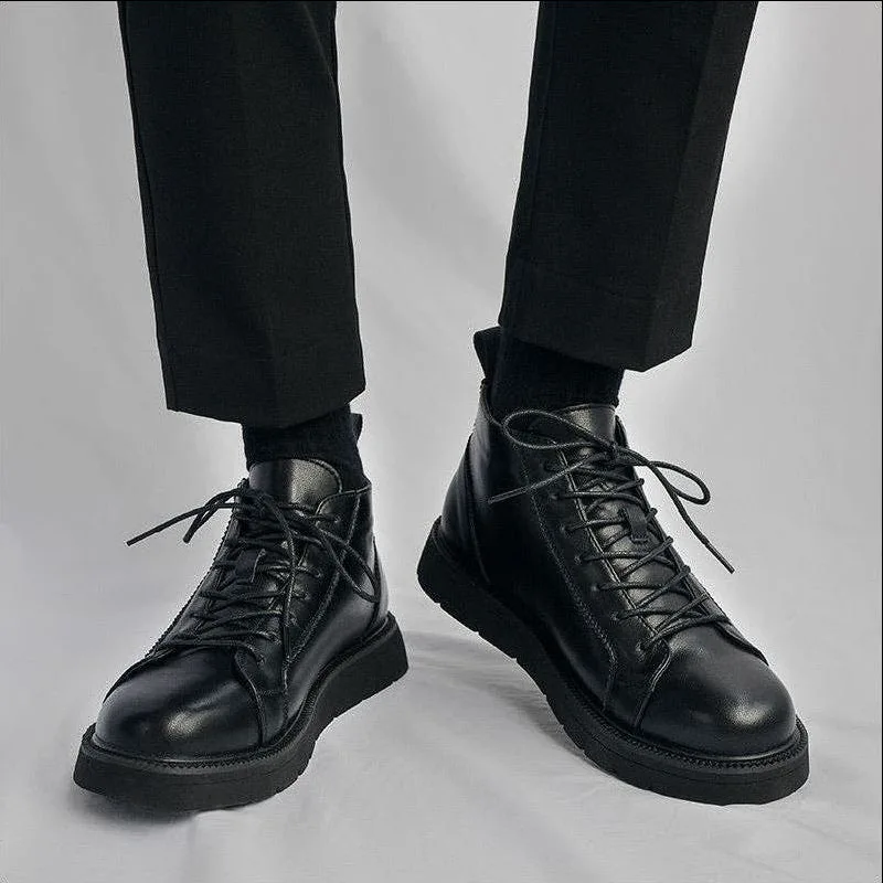 Autumn cowhide black high top handsome British motorcycle leather shoes Hong Kong style workwear trendy shoes