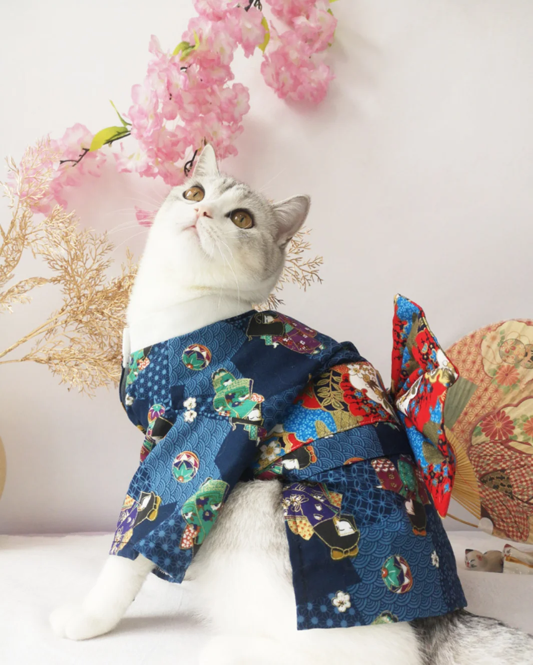 Japanese Style Thin Cat Dog Coat Kimono Summer Pet Clothes for Cats Dogs Cute Print with Bow-knot Kitten Sphynx Clothing Outfit