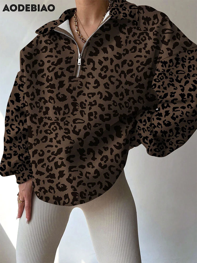 AODEBIAO Leopard Print Hoodie Women Coat Autumn Long Sleeves Fashion Turn-Down Collar Hoodie Casual Loose Hoodie Lady Streetwear