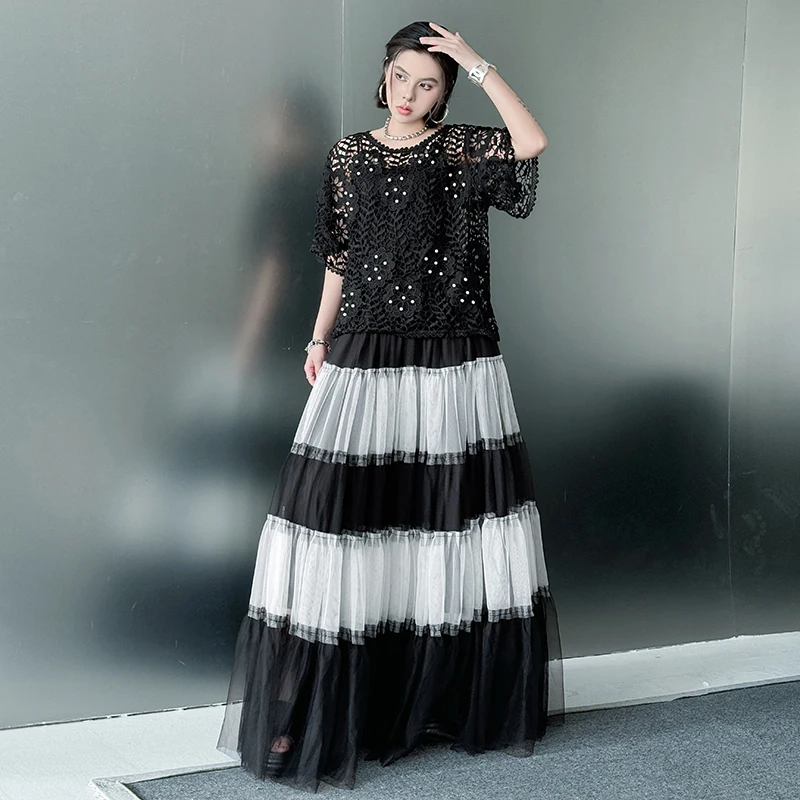 Saia oversized de cintura alta com chiffon solto, emaecimento, bloco de cores, estilo de rua, verão, nova chegada, saia longa