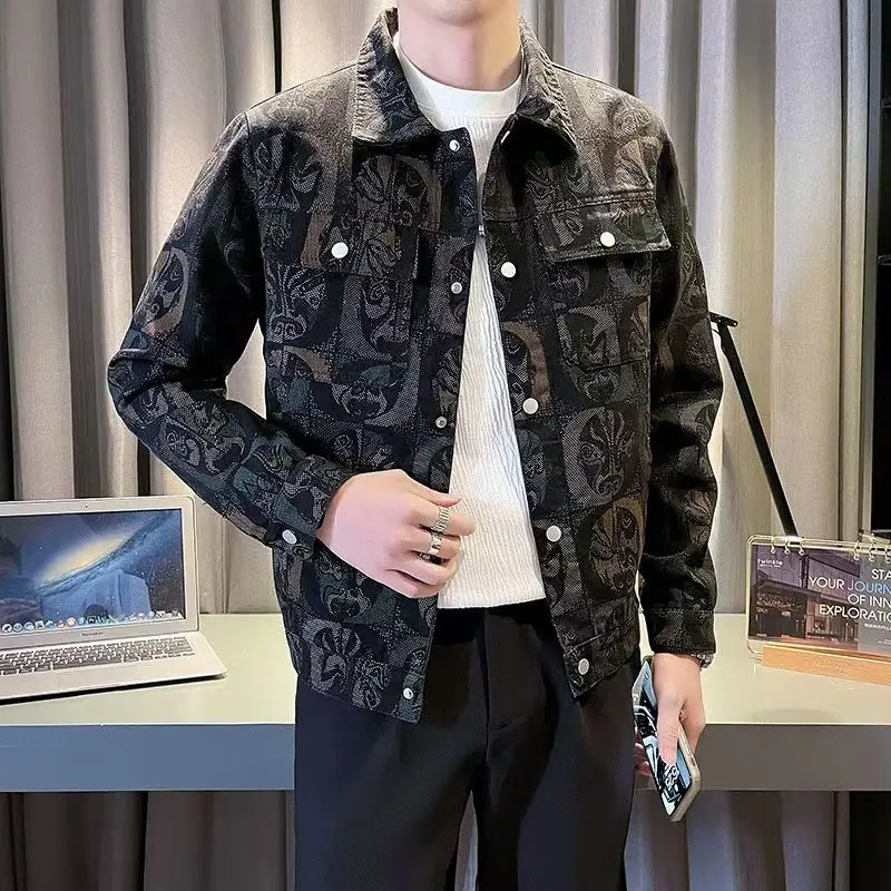 Spring Autumn High Quality Men\'s Fashion Casual Jacket Cowboy Lapel Coat Jacquard pattern Plaid Tops Men Denim jackets