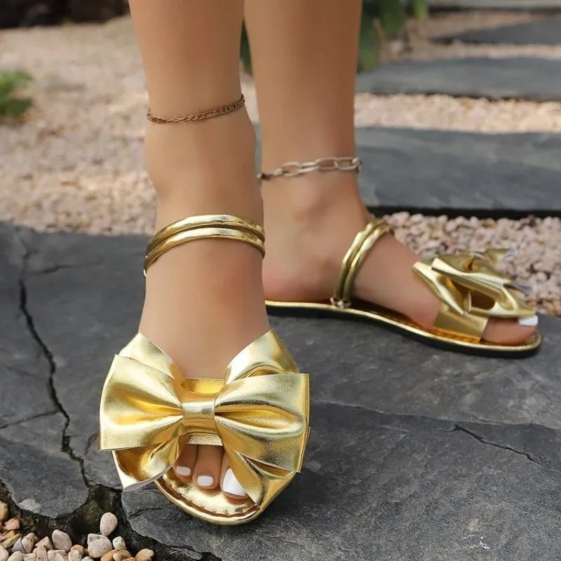Women's Sandals Flat Open Toe Metallic-Look Shine Big Bow Detail Double Strap Slip-On Casual Shoes for Warm Season Apparel Wear