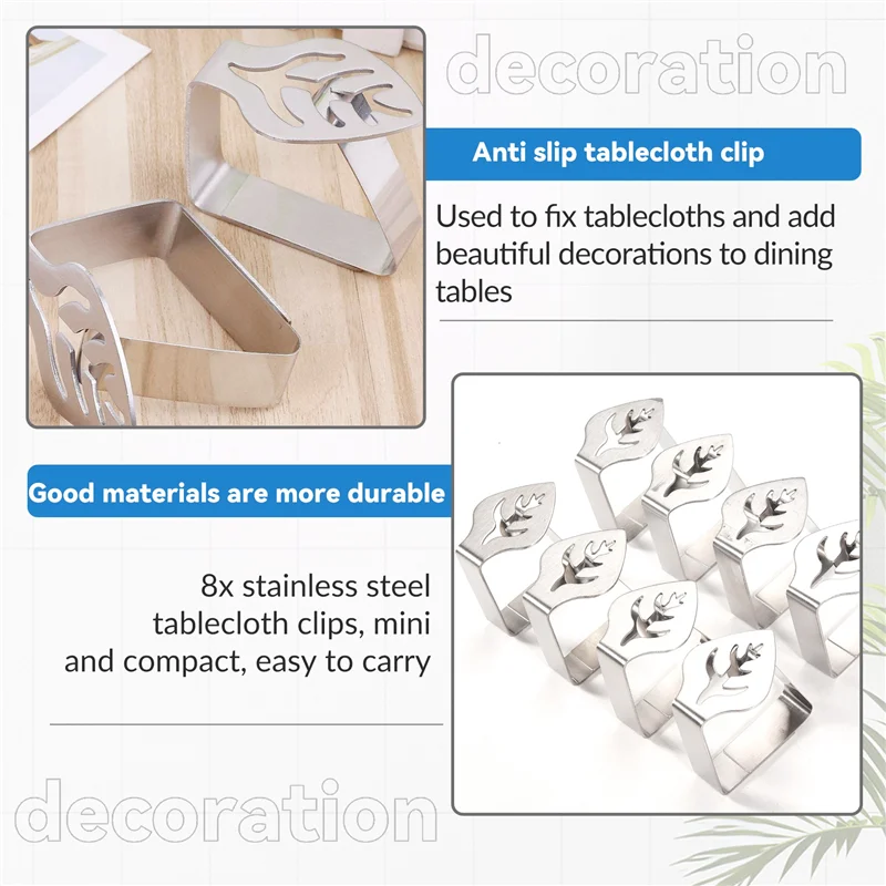

FO-8 Pcs Silver Stainless Steel Tablecloth Clip Creative Leaf-Shaped Table Fixing Clip Thickened Non-Slip Tablecloth Rack