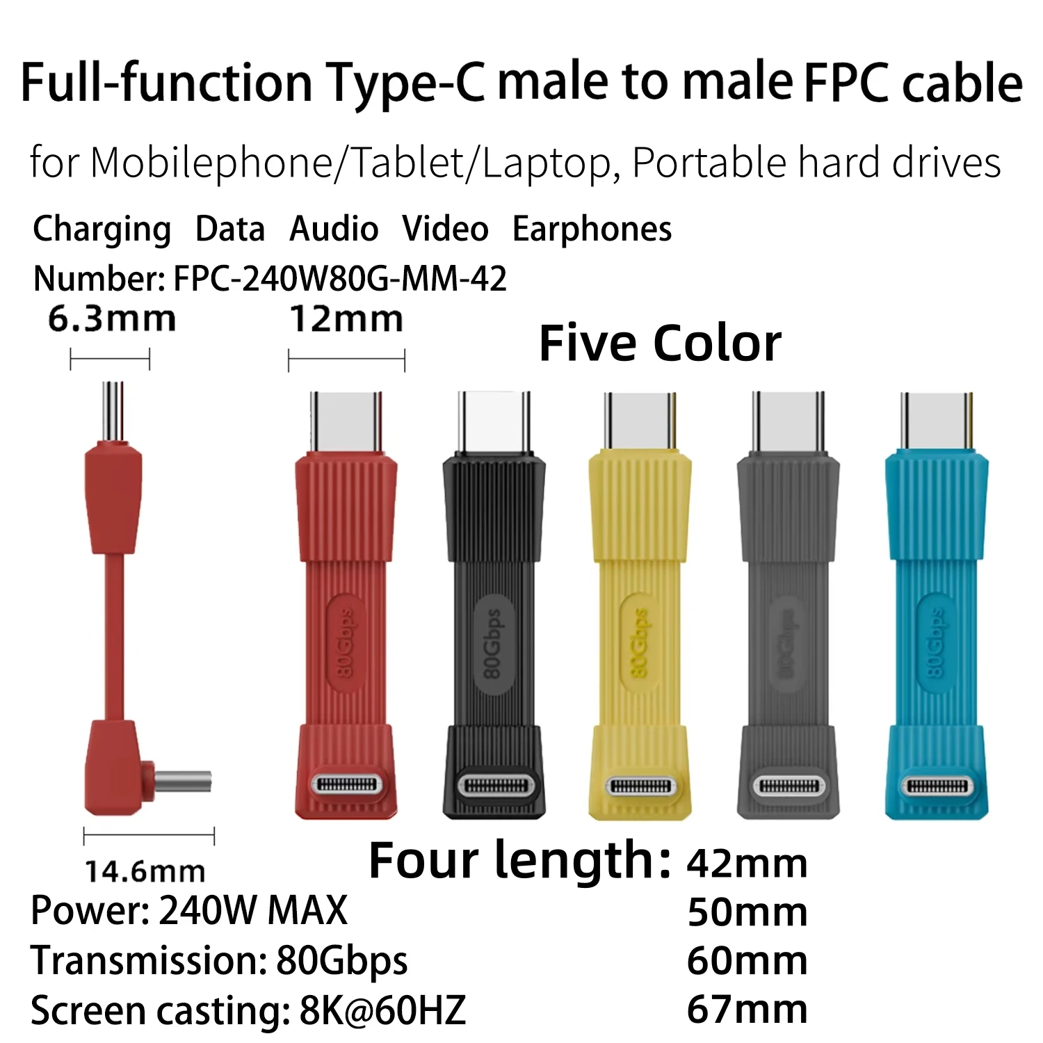 

Short USB4 Gen4 Cable PD3.1 240W Fast Charging 90 Degree USB C Cable 80Gbps 8K Video for for Mobile Phone SSD, Thunderbolt5/4/3