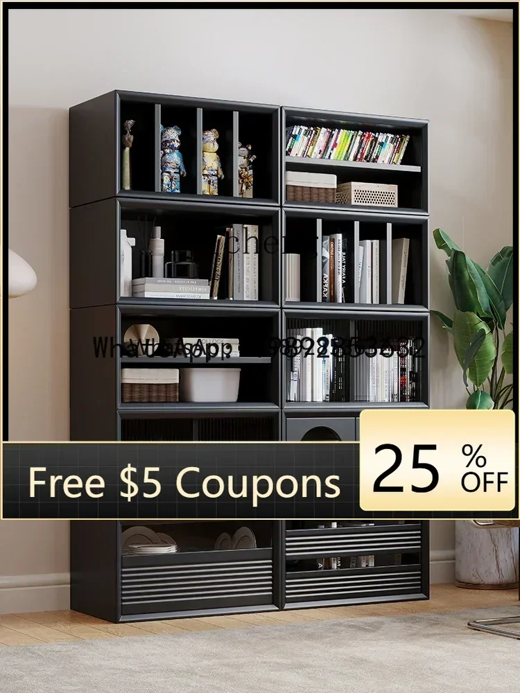 LYY Black Vintage Solid Wood Combined Bookcase Living Room Multi-Function TV Cabinet Storage Grid Cabinet