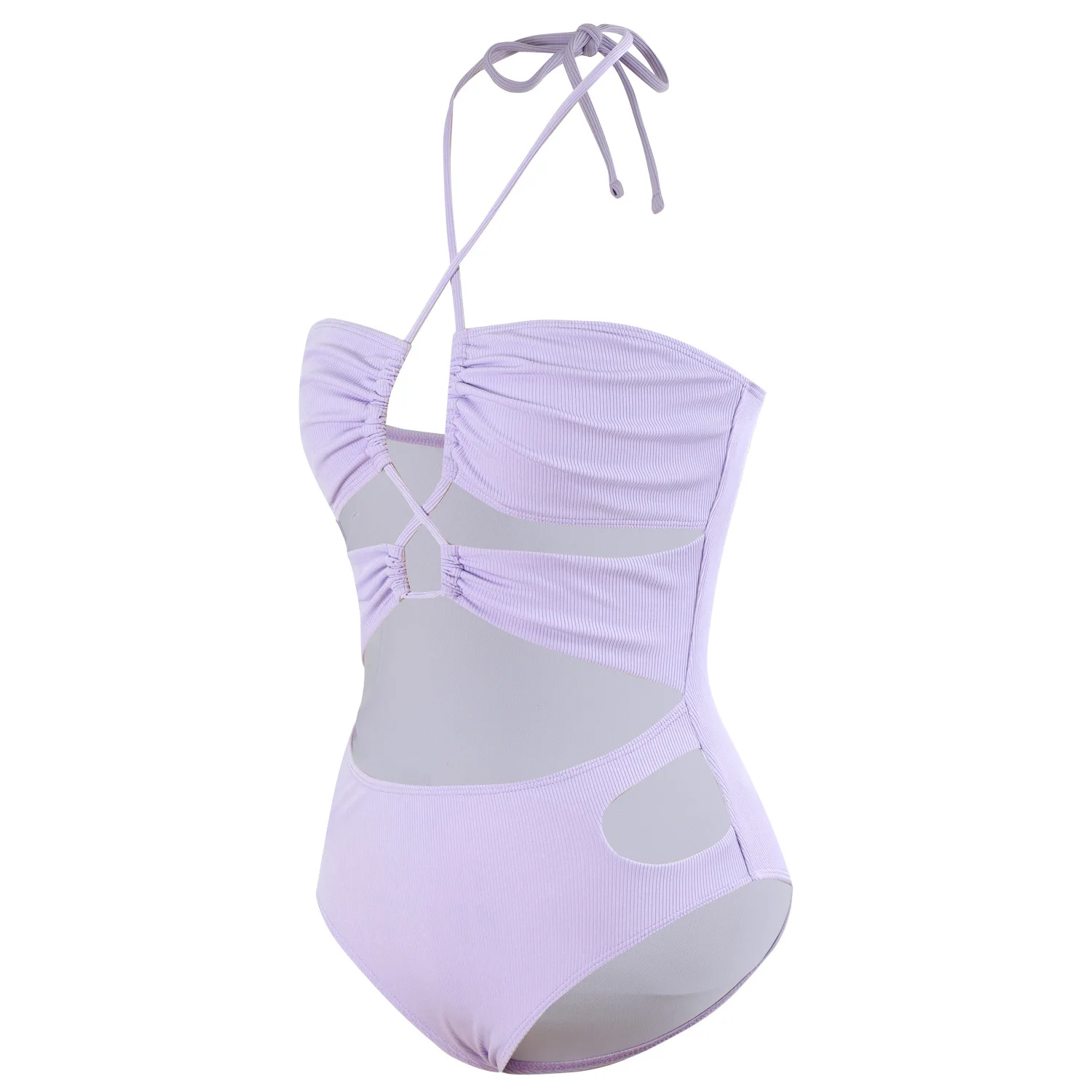 Traje de baño de una pieza acanalado lila para mujer, monokini con control de barriga y recorte lateral sexy, traje de baño para playa con correas ajustables