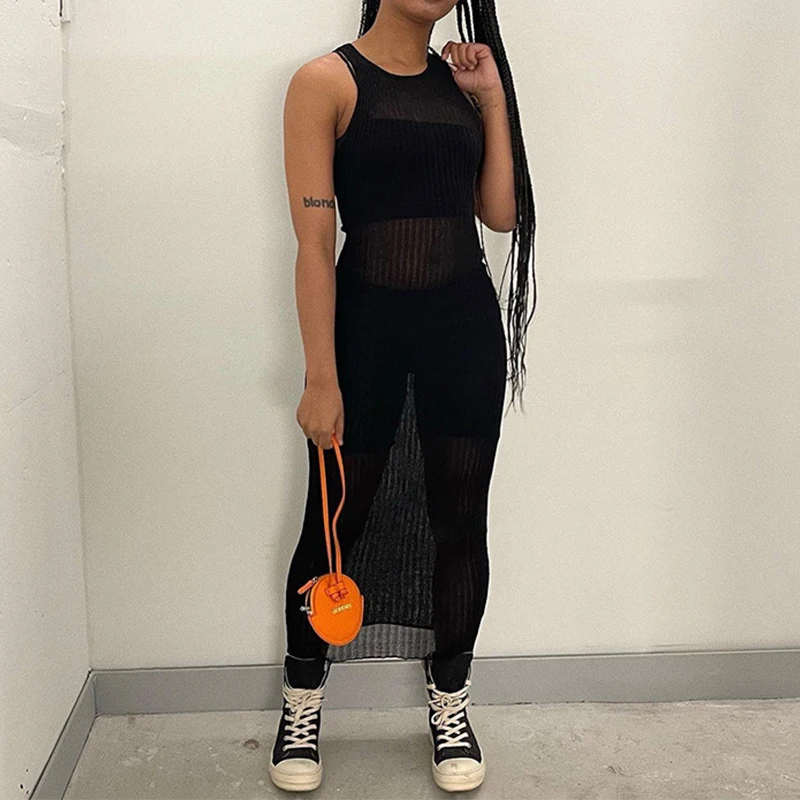 BKLD Minimalist Summer Stripes Tank Dress Black Round Collar Sleeveless Off-shoulder Slimming Transparent Casual Maxi Dress 2025