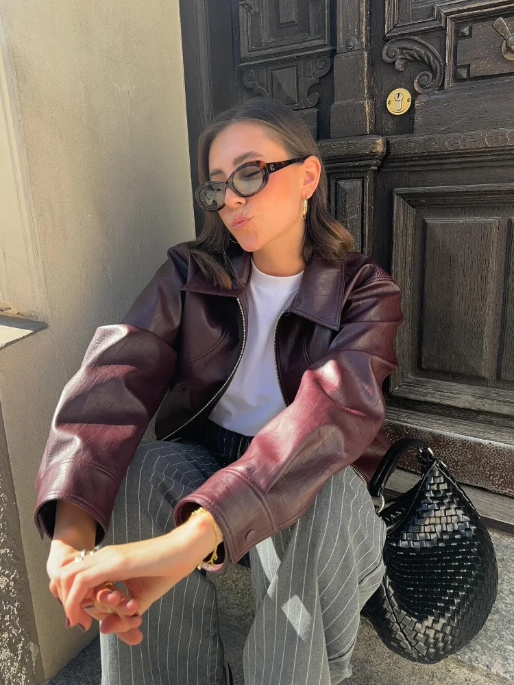 여성용 단색 PU 가죽 따뜻한 재킷, 우아한 긴팔 지퍼 크롭 코트, 여성 통근 거리 상의, 2024 가을 패션