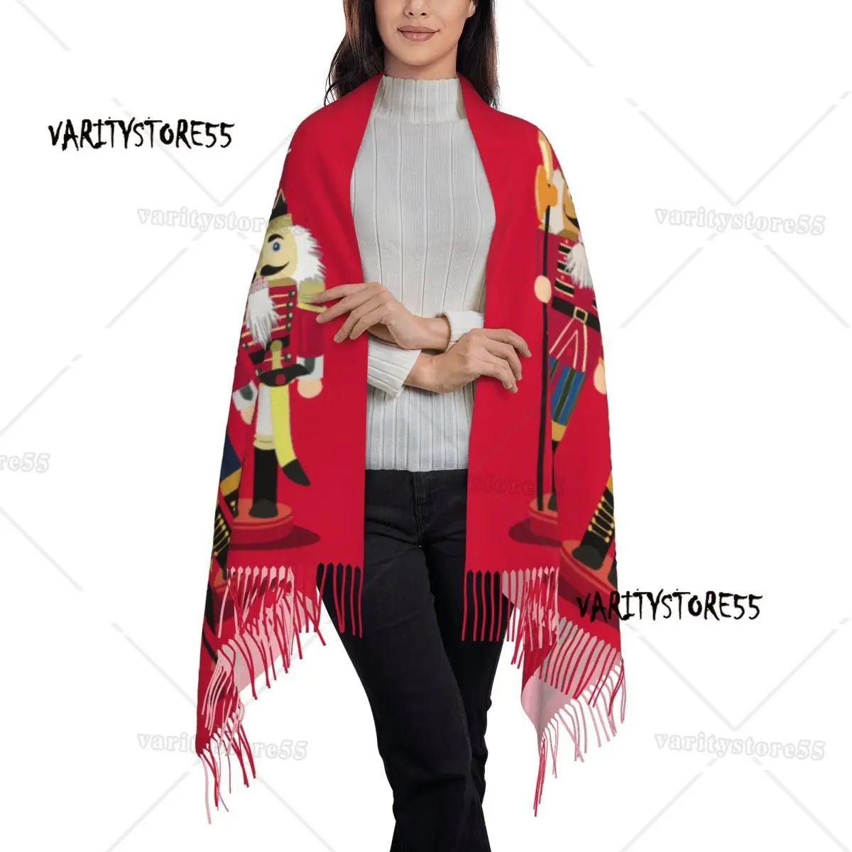 Custom Lady Large Nutcracker Soldier Toy Christmas Gift Scarves Women Winter Fall Thick Warm Tassel Shawl Wrap Scarf