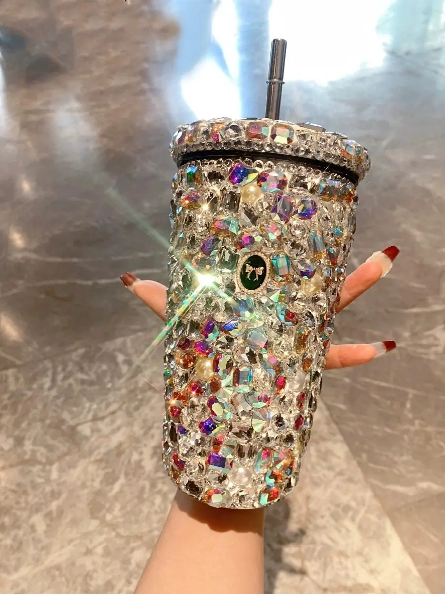 

Large capacity full diamond stainless steel thermos cup female birthday gift straw large diamond water cup