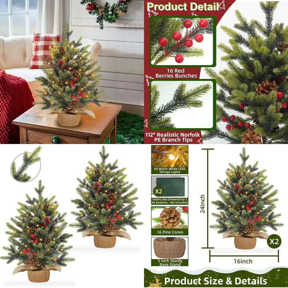 

24 мини-рождественских елки на батарейках с красными ягодами и шишками для домашнего праздничного декора