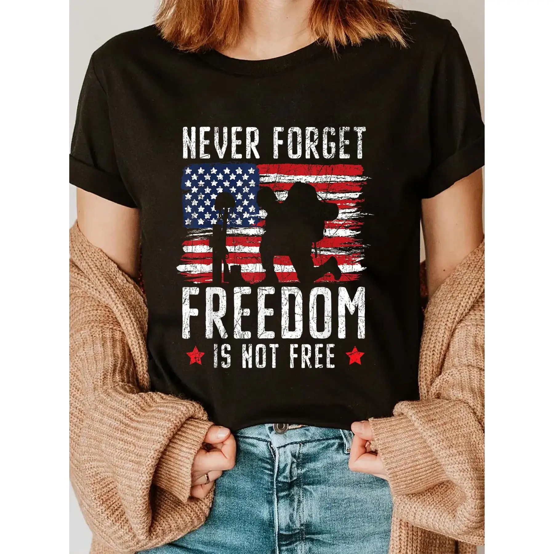 

Women's Patriotic "Never Forget Freedom Is Not Free" Memorial Day T-Shirt - American Flag & Soldier Silhouette Graphic, Soft Cot
