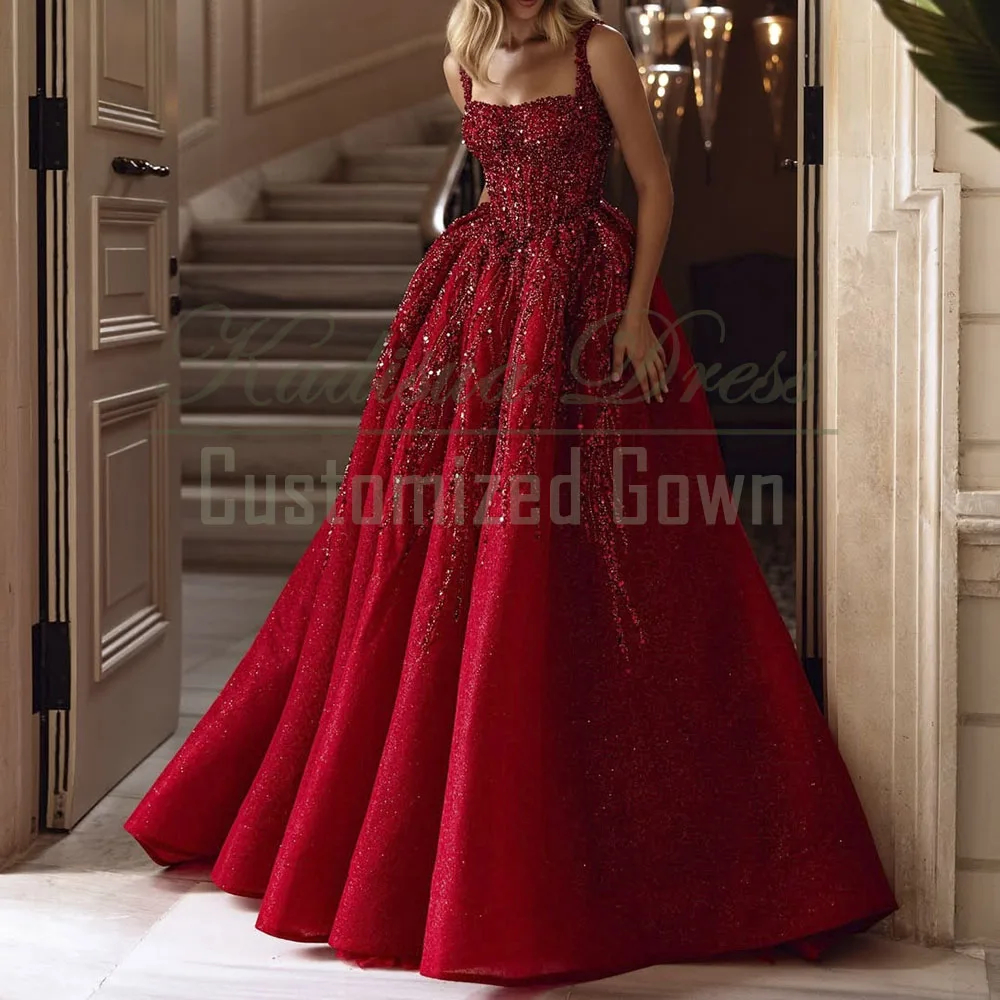 

Gorgeous Red Evening Dresses for Women Spaghetti Strap Chapel Train A-Line Gowns Formal Occasion Sequined Appliques Dress 2025