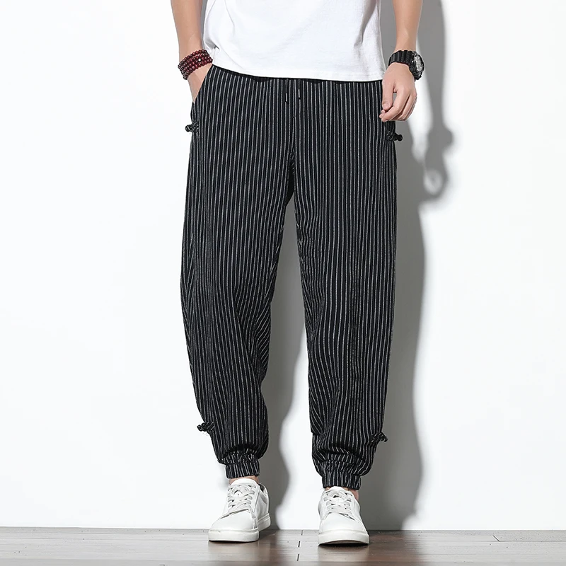 M-5XL Plus Size Mens Striped Harem Pants with Pockets Drawstring Elastic Waist Cuffed Pants for Men Casual Stretwear Clothing