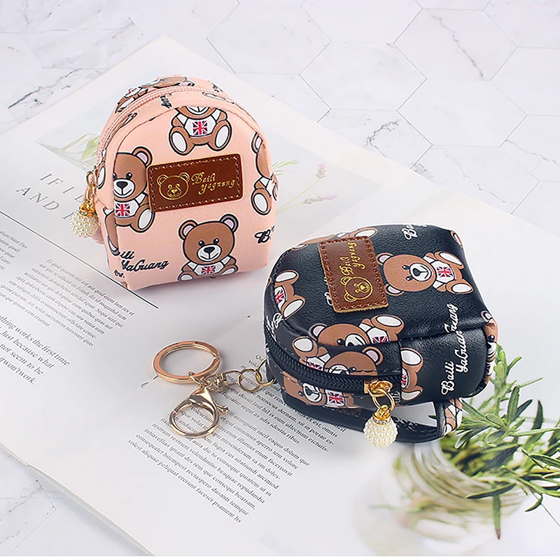 Cute Cartoon Bear Coin Purse Keychain For Girls Kawaii Mini Wallet Credit Card Holder Backpack Pendant