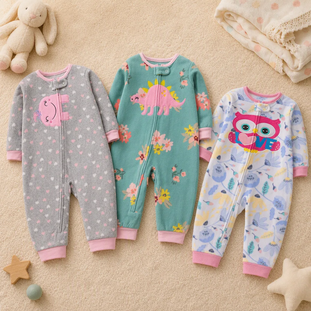 Cartoon Animal Embroidery Polar Fleece Baby Romper All-over Colorful Heart Floral Print Zip Onesie Warm for Girls Autumn Winter