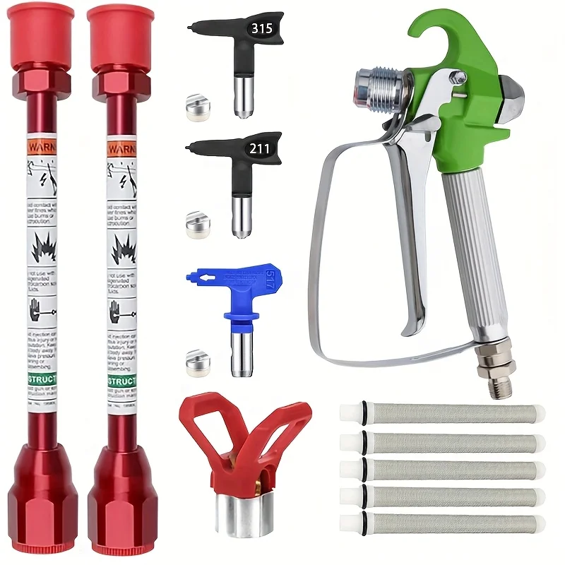 12ピースエアレススプレーガンキット-ノズルシート付きエアレススプレーガン、3つのスプレーチップ、2つのスプレーガン延長ロッド（787インチ）、5つのフィルター