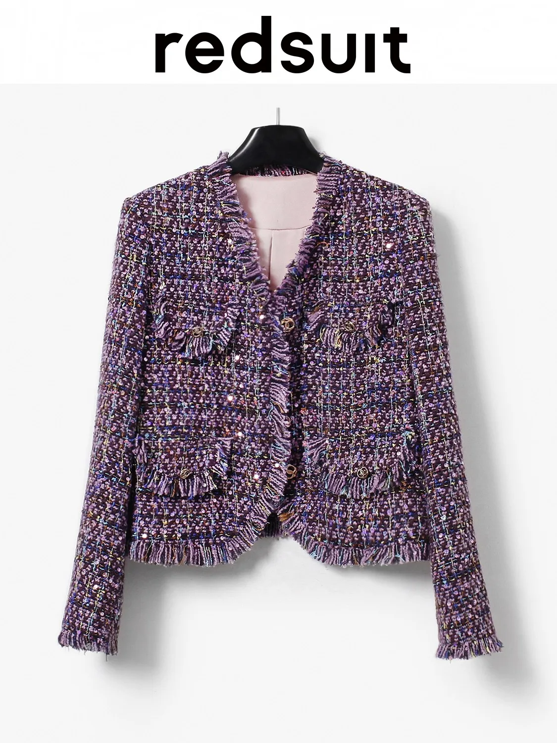 New Advanced purple V-neck design jacket, light luxury and fashionable tassel top Custom Size