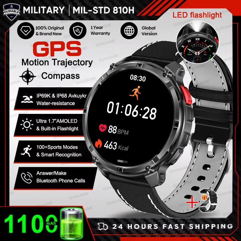 2026 HOT Nieuwe Sport Smartwatch 1100mAh Grote Batterij Duurzaam Kompas 10ATM Waterdicht Tactisch 170+ Sporten BT Oproep Smartwatch Heren