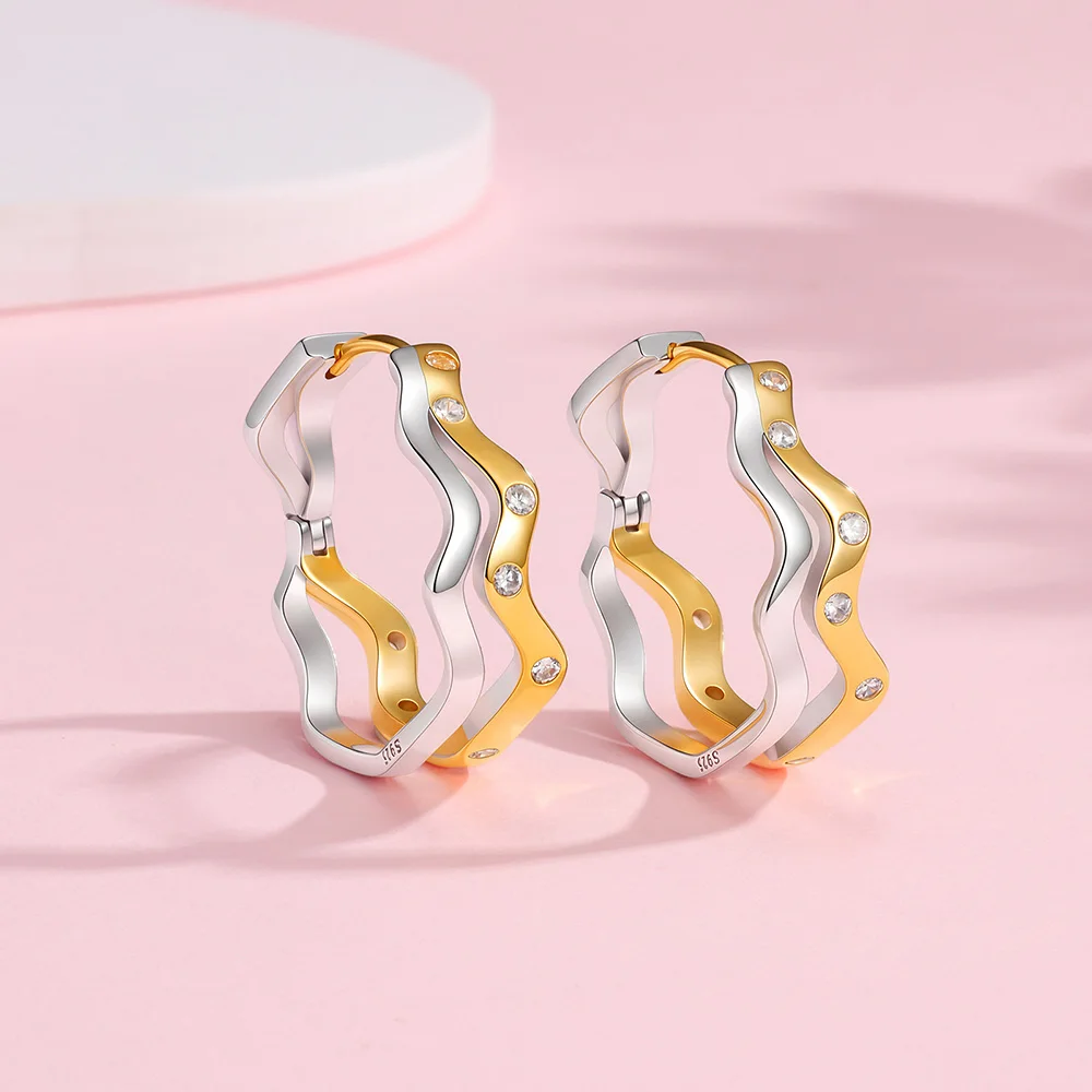925 Silver Two-tone Wave Earrings For Women Gold Hoop Earrings Minimal Earrings Trendy Daily Fashion Jewelry Gift High Quality