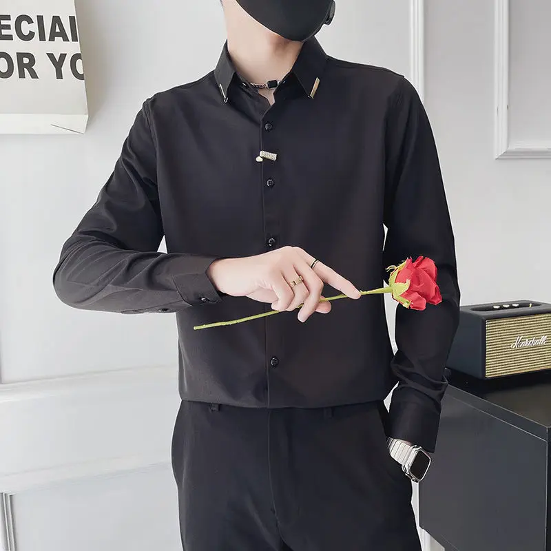 

Slim Fit Long Sve Men's irt Trendy Haome Pure Color arp Collar Youthful Sle Autumn Faion Ins New Model Iron Free