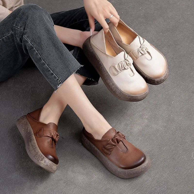 GKTINOO Handmade Genuine Leather Flats 2024 New Women Shoes Round Toe Shallow Soft Sole Loafers Retro Solid Color Shoes