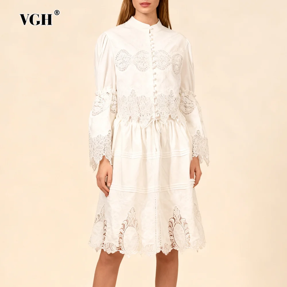 

VGH Casual Loose Solid Lace Hollow Out Two Piece Sets For Women Stand Collar Long Sleeve Top High Waist Pants Chic Set Female