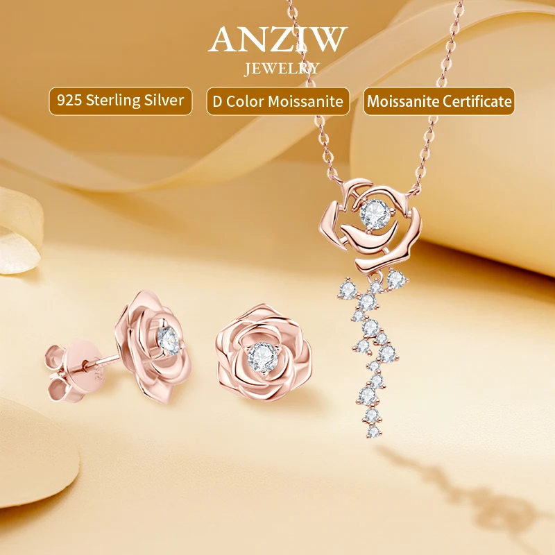 

Anziw 100% 925 Sterling Silver Rose Flower Jewelry Set D Color Round Cut Moissanite Earrings Pendant Necklace for Women Gifts