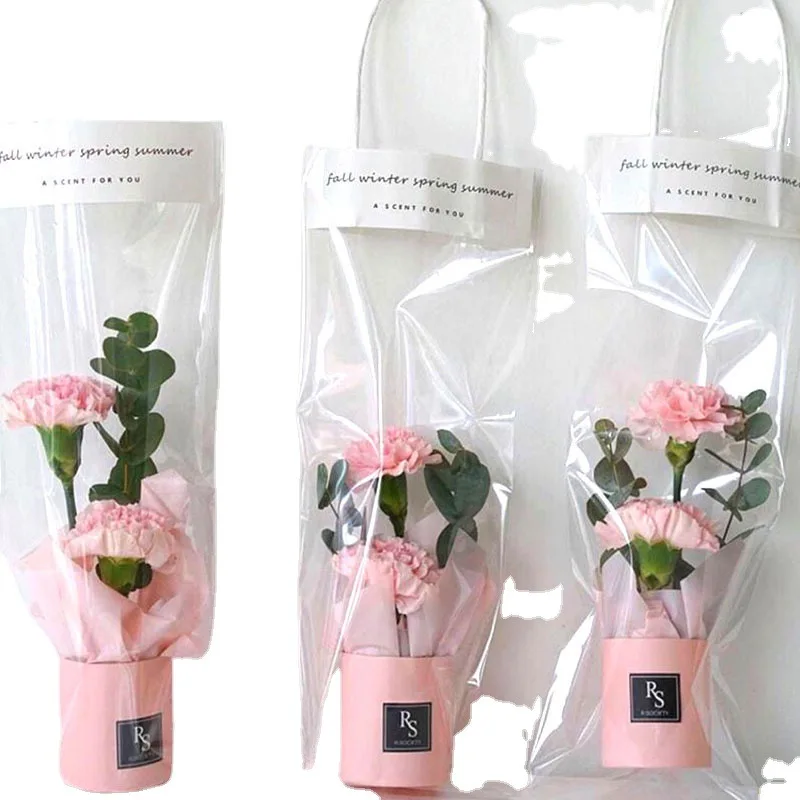 กระเป๋าถือพีวีซีกระเป๋าใส่ของห่อของขวัญดอกไม้สำหรับกระเป๋าใส่ของแผงลอยร้านดอกไม้พร้อมที่จับโปร่งใส