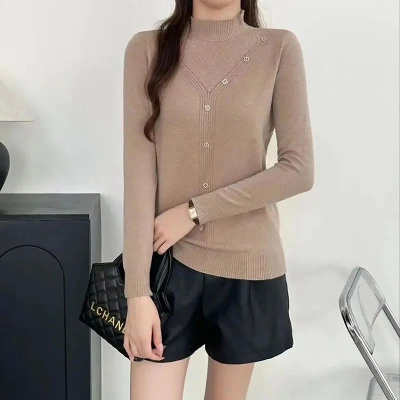 شبه الياقة المدورة سترة المرأة معطف الخريف الشتاء موضة جديدة أسفل قميص الإناث تنوعا البلوز مزاجه متماسكة السيدات #3