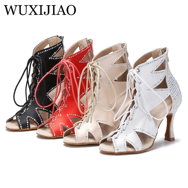 Wuxijiao Zwart En Rood Vrouwen Latin Dans Schoenen, Ballroom Chunky Latin Dance Booties, Hoge Hakken