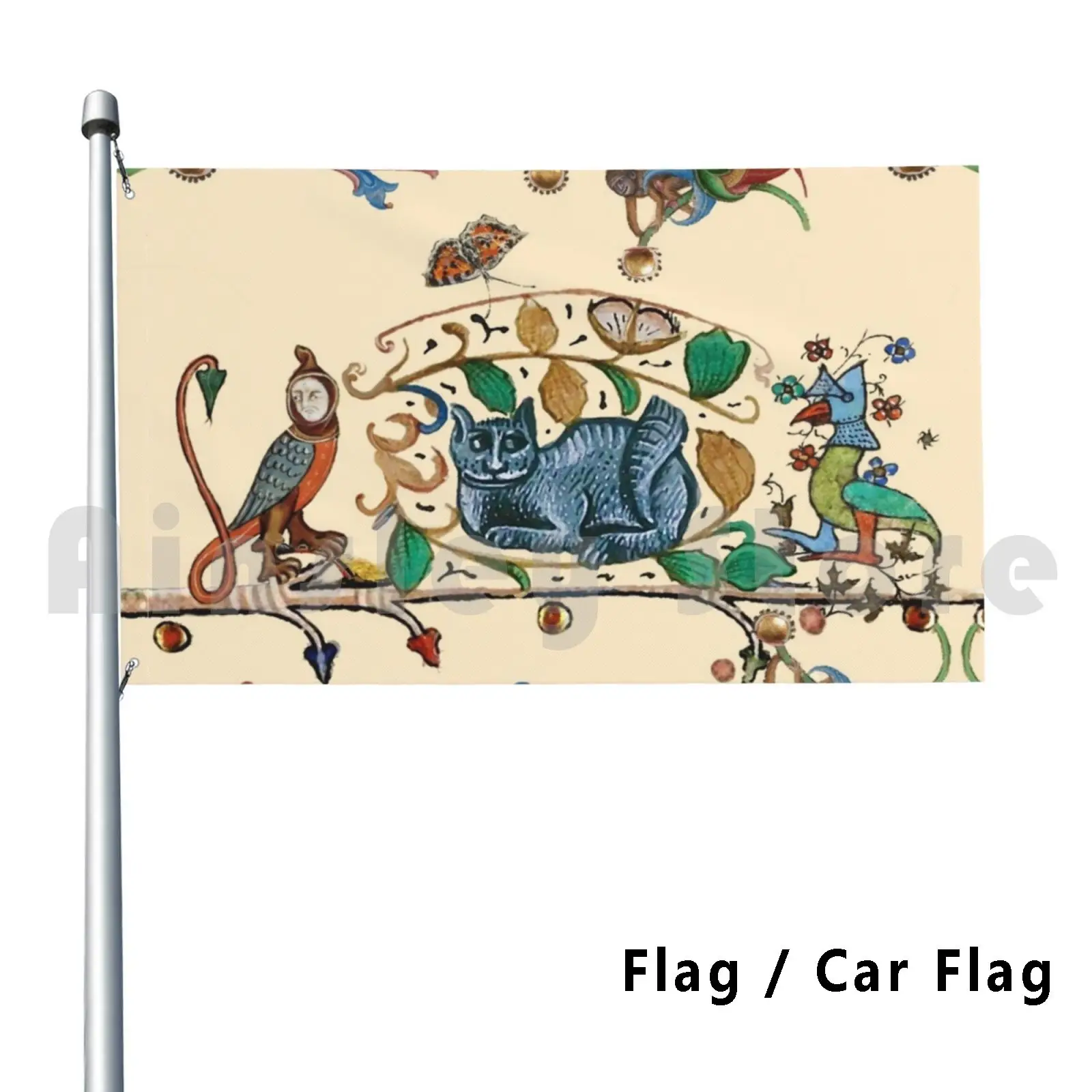 Weird Medieval Bestiary Hunter Cat , Knight Bird And Falcon Monk Outdoor Decor Flag Car Flag Falcon Hawk Monk