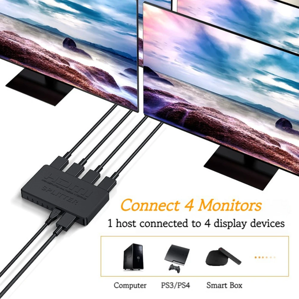 HDMI-compatible Splitter HD 4K 2K Video Switcher Adapter 1 Input 4 Output HDMI-compatible Hub for Xbox PS4 DVD HDTV PC Laptop TV